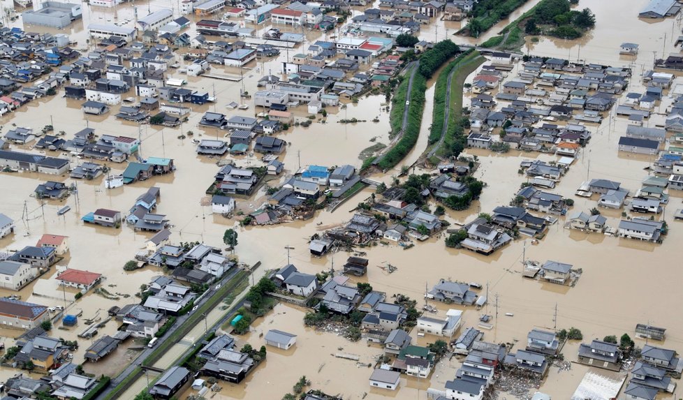 Zaplavené město Kurashiki na jihozápadě Japonska.