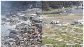 Kesunnuma, prefektura Miyagi. 12. března 2011 a 1. září 2013