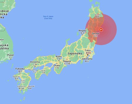 Epicentrum zemětřesení, které 20. 3. 2021 zasáhlo japonský ostrov Honšú s vyznačenými oblastmi, kde byly cítit otřesy