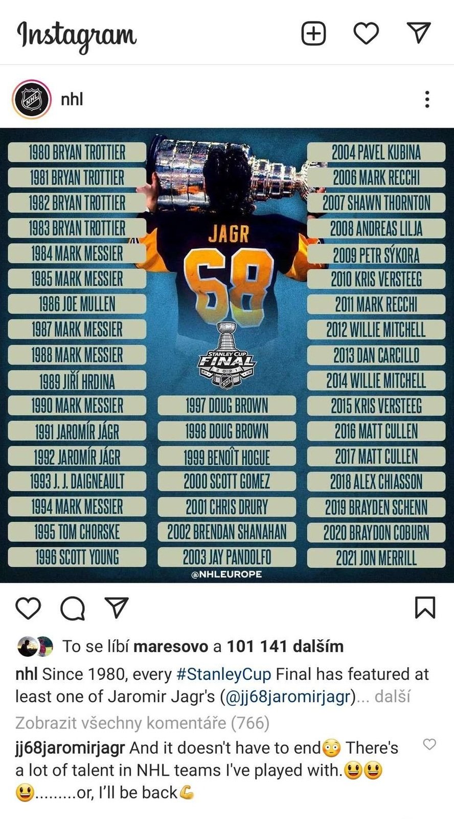 Seznam Jágrových spoluhráčů ve finále Stanley Cupu a jeho komentář nevylučující návrat do NHL.
