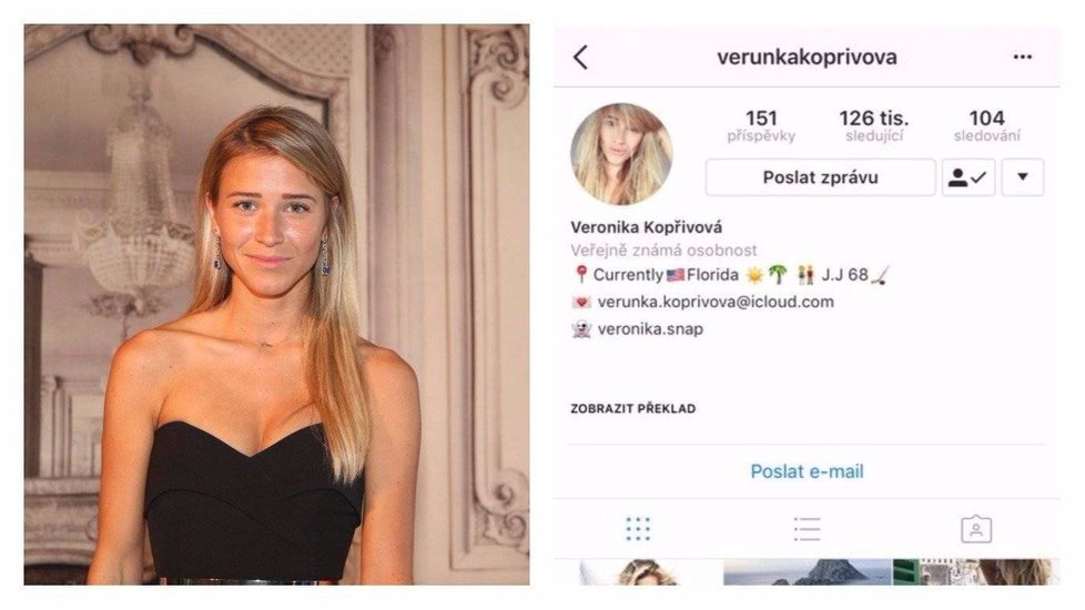 Že chodí s Jardou Jágrem, na to byla Veronika řádně pyšná. Její instagramová »vizitka« proto hrdě hlásala »J.J. 68« s ikonkami hokejky a zamilovaných panáčků. Jenže kde jsou ty časy. Teď už se na jejím profilu pouze dočtete, že momentálně přebývá v Praze...