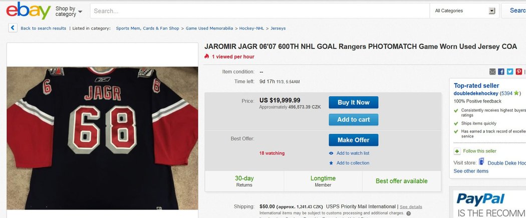 Jágrův dres se draží na celosvětovém aukčním serveru
