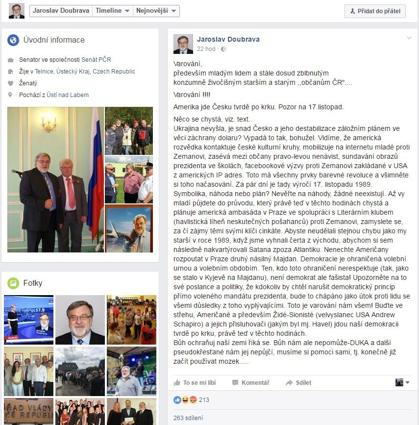 Facebookový status senátora Doubravy o hrozbě Ameriky
