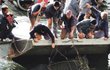 Záchranáři vytahují z Orlické přehrady  za pomoci potápěčů mrtvolu zabalenou  do pletiva.