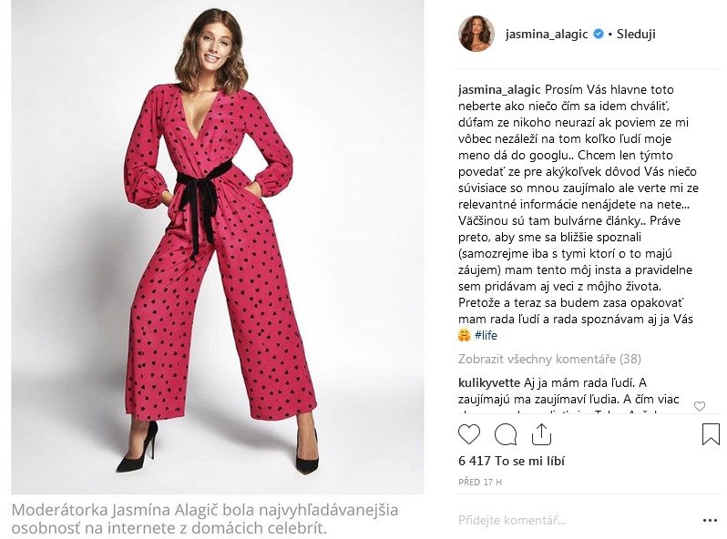 Jasmina se vyjádřila k titulu nejhledanější celebrity Slovenska na Instagramu