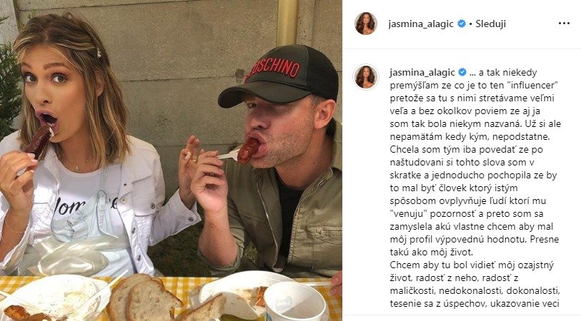 Zamyšlení Jasminy na instagramu o tom, co to znamená být influencer.