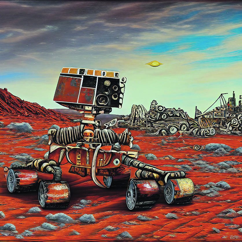 Poprosili jsme umělou inteligenci Jasper, aby nám ukázala, jak si představuje „vrakoviště na Marsu s vědeckými rovery a elektronikou rozházenou po zemi“ – a takhle to dopadlo!