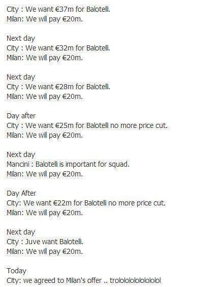 Jednání Manchesteru City a AC Milán o Mariu Balotellim. Vtipné, ale de facto pravdivé.