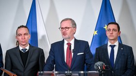 Výjezdní jednání vlády v Bučovicích 6. 12. 2023: Petr Fiala, Ivan Bartoš a Jan Grolich