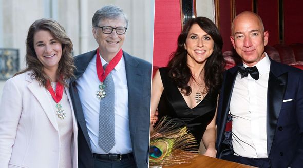 Američtí boháči Bill Gates a Jeff Bezos s manželkami