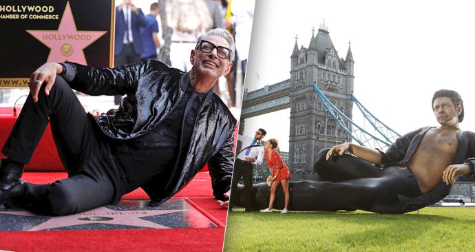 Obří socha Jeffa Goldbluma v Londýně upomíná na legendární scénu z Jurského parku.