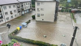 Náhle zaplavené centrum Hanušovic (dopoledne 15. 9. 2024).