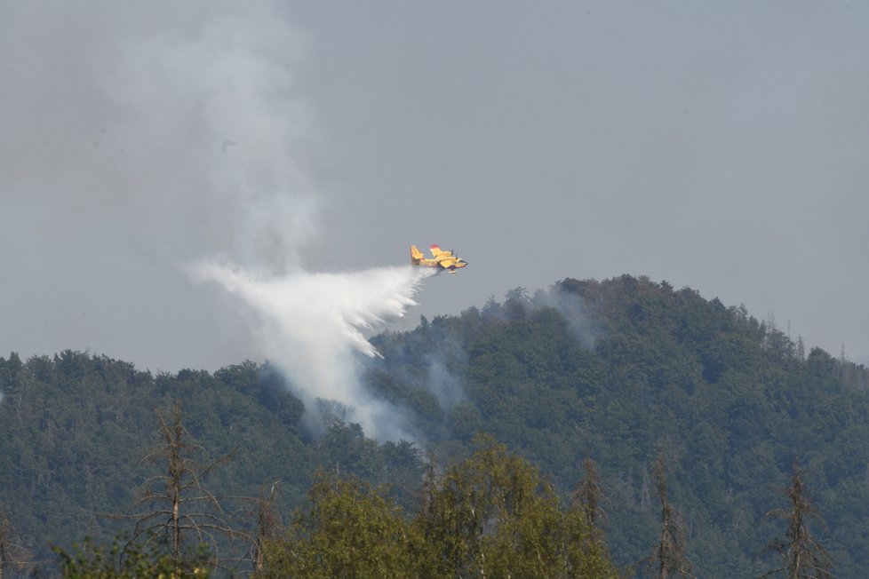 Do boje s lesním požárem v Národní parku České Švýcarsko se zapojila dvojice hasičských letadel z Itálie. Vodu nabírají v jezeře Milada. (28. července 2022)