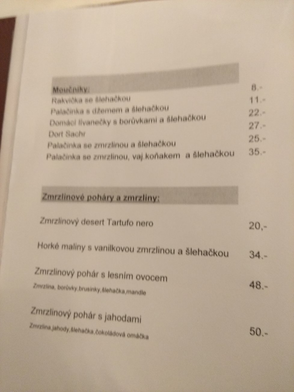 Jídelní lístek v Poslanecké restauraci