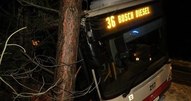 Havarovaný autobus. Při nehodě se zranila jedna žena