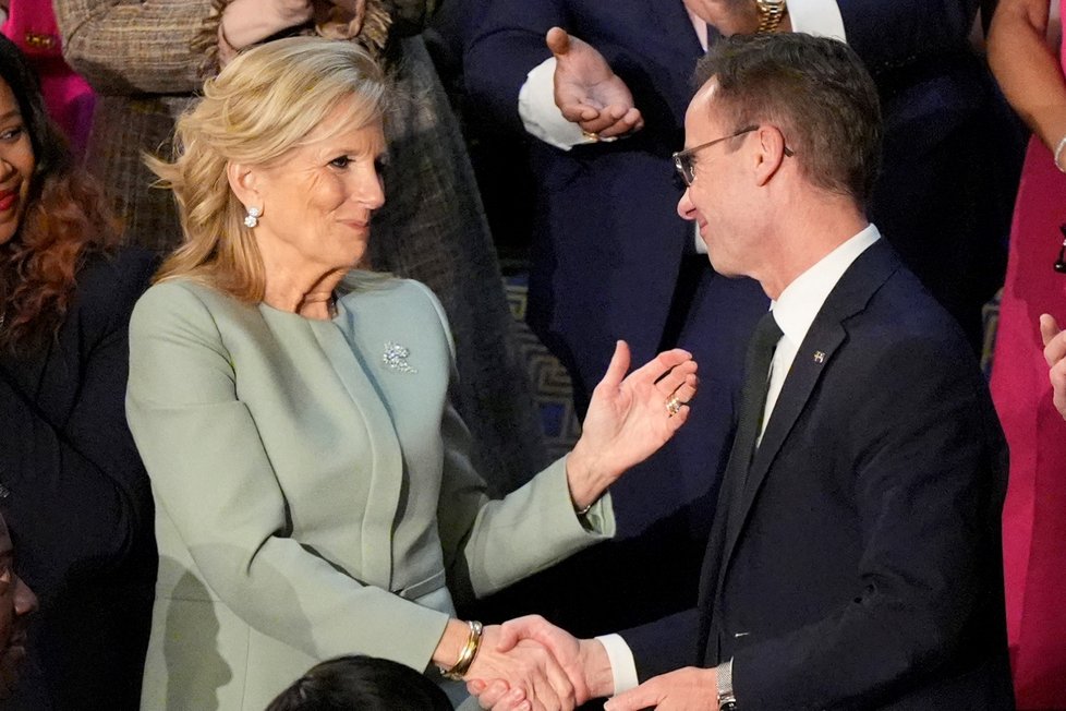 Jill Bidenová a švédský premiér Ulf Kristersson v Kapitolu (7. 3. 2024).