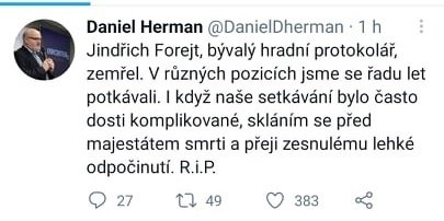 Tweet Daniela Hermana o údajném úmrtí Jindřicha Forejta.