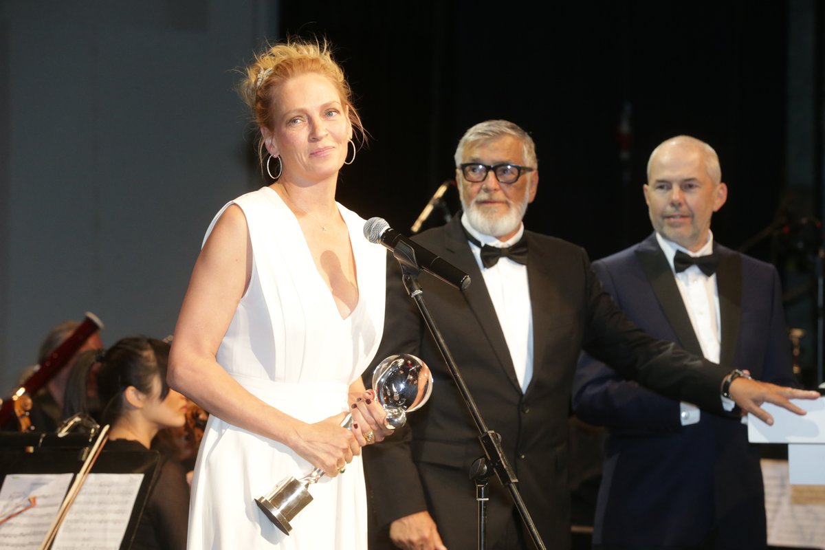 Bartoška coby prezident filmového festivalu s Markem Ebenem a hvězdným hostem Umou Thurmanovou.