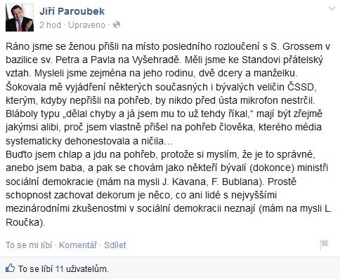 Jiří Paroubek po posledním rozloučení se Stanislavem Grossem napsal na Facebook tvrdé prohlášení na adresu exkolegů z ČSSD