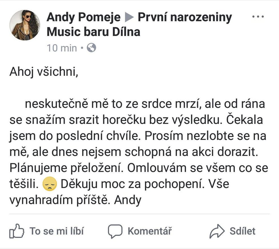 Andrea Pomeje zrušila účast na akci kvůli chřipce