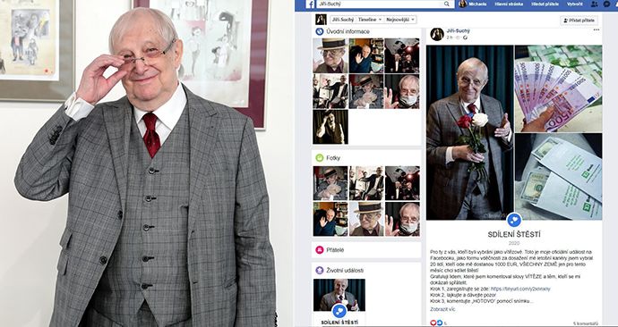 Podvodníci založili falešný facebookový profil Jiřího Suchého a jeho prostřednictvím žádají o peníze.