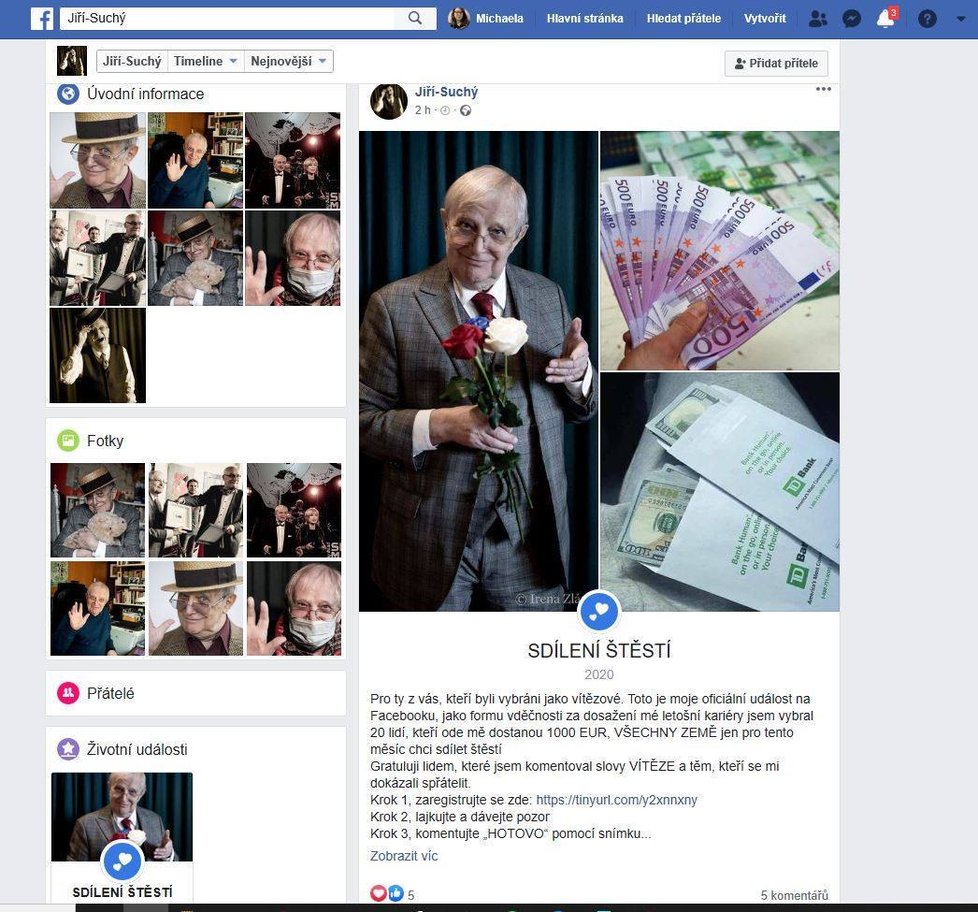 Podvodníci založili falešný facebookový profil Jiřího Suchého a jeho prostřednictvím žádají o peníze.