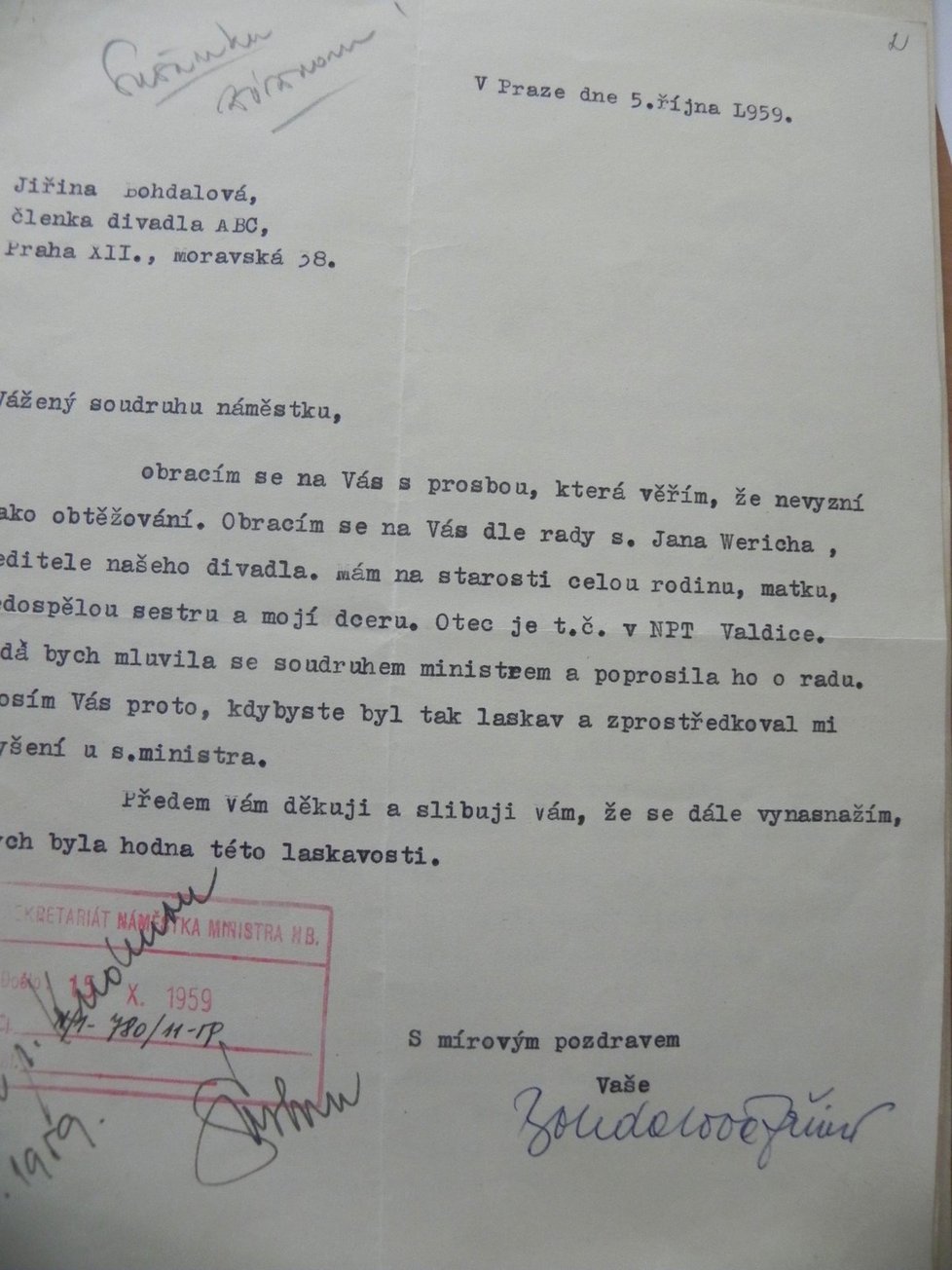 Dopis herečky Jiřiny Bohdalové náměstku ministra vnitra Josefu Kudrnovi z října 1959. Žádá v něm o schůzku s ministrem kvůli situaci svého vězněného otce.