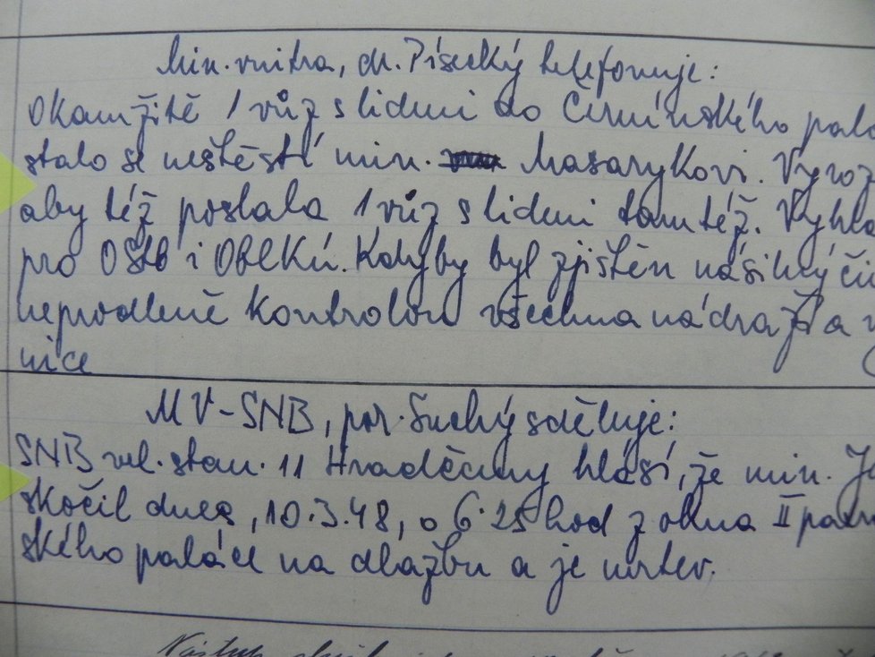 Zápis pražské úřadovny Státní bezpečnosti z 10. března 1948 o výjezdu k tragické smrti ministra zahraničí Jana Masaryka.