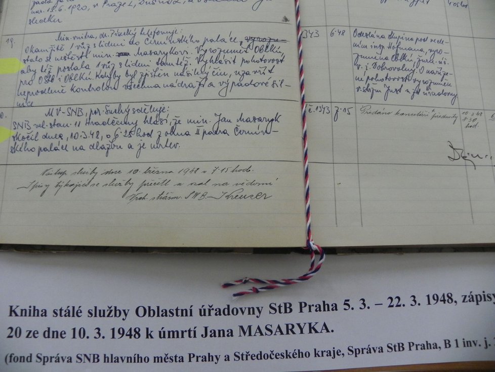 Zápis pražské úřadovny Státní bezpečnosti z 10. března 1948 o výjezdu k tragické smrti ministra zahraničí Jana Masaryka.