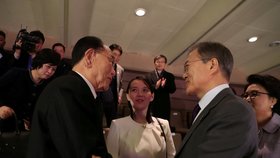 Jihokorejský prezident Mun Če In hovoří s předsedou severokorejského Lidového shromáždění Kim Čong Namem