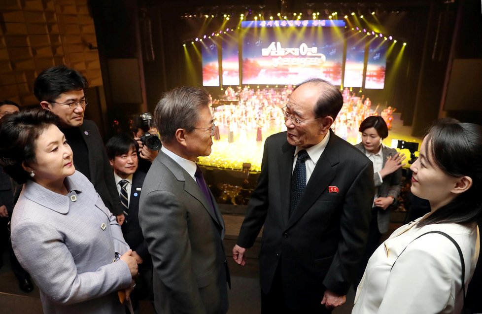 Jihokorejský prezident Mun Če In hovoří s předsedou severokorejského Lidového shromáždění Kim Čong Namem