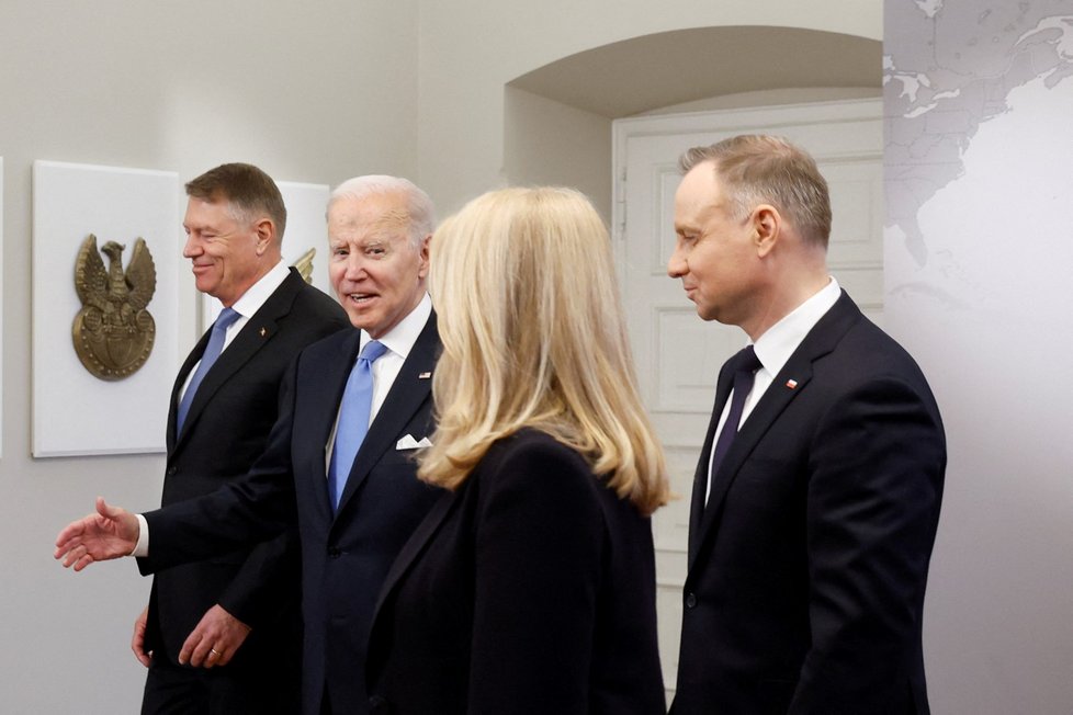 Jednání skupiny B9: Americký prezident Joe Biden, polský prezident Andrzej Duda a slovenská prezidentka Zuzana Čaputová (22.2.2023)