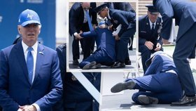 Americký prezident Joe Biden zakopl a skácel se před kadety letectva v Coloradu (1. 6. 2023).