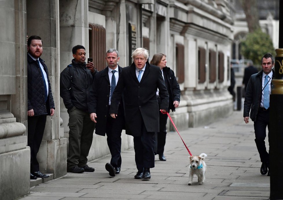 Boris Johnson v den předčasných voleb v Anglii: Procházel se s pejskem (12. 12. 2019).