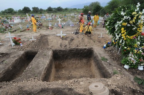 Garzův hrob, pro srovnání je vedle vykopána normální velikost hrobu.