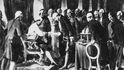 Zástupci Královské české společnosti nauk před císařem Leopoldem II. v roce 1791; čb reprodukce nástěnné malby v letohrádku královny Anny na Pražském hradě.