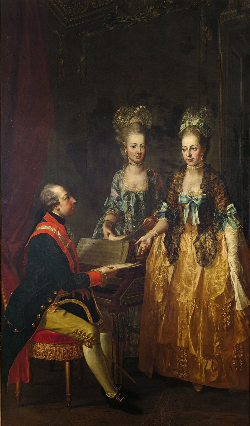 Josef II. měl celkem osm sester, zde je vyobrazen u piana s Marií Annou a Marií Alžbětou.