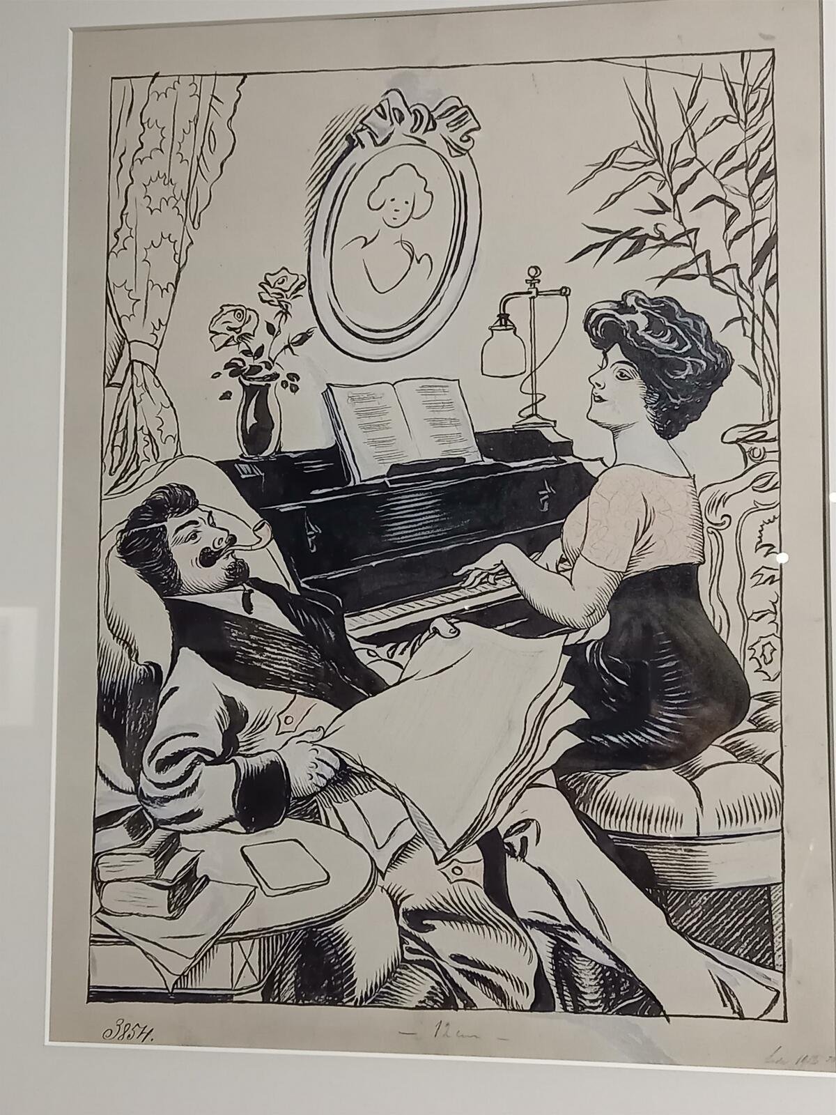 Ladova raná práce se ženou hrající na klavír pro Humoristické listy.
