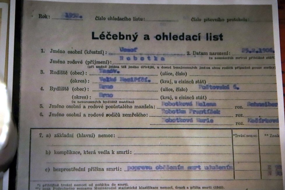 Ohledací list Josefa Robotky po jeho popravě v Praze.