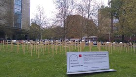 131 křížů v Praze na Žižkově - s inicálami 131 lidí, kteří v roce 2015 zemřeli v práci.