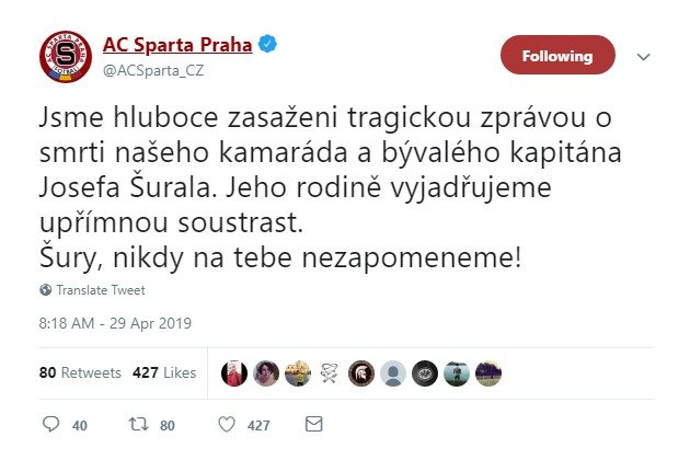 Fotbalová Sparta je ze smrti Josefa Šurala v šoku