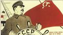 Josif Vissarionovič Stalin na propagandistickém plakátu, na pozadí vlajka se srpem, kladivem a hvězdou
