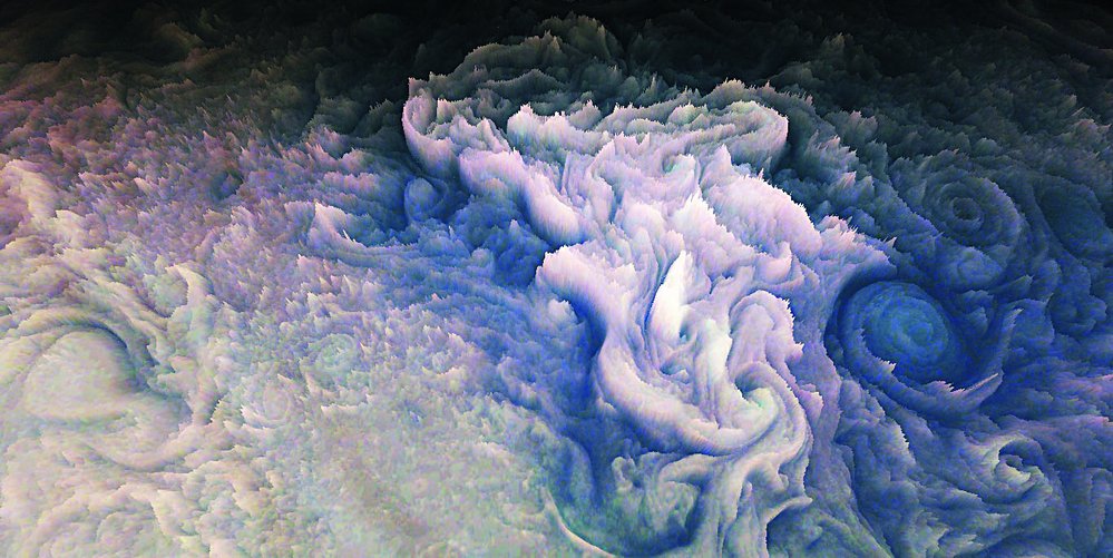 Záběr z&nbsp;animace, která vznikla podle dat ze 43. přiblížení sondy Juno k Jupiteru