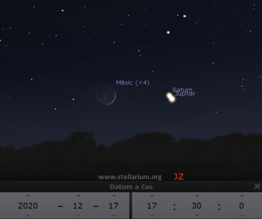 Situace na obloze 17. prosince 2020 večer - Měsíc, Saturn a Jupiter nad jihozápadním obzorem. Po největším přiblížení dvou planet, tedy po 21. prosinci, si Jupiter se Saturnem prohodí místa a Saturn se ocitne vpravo od Jupiteru.