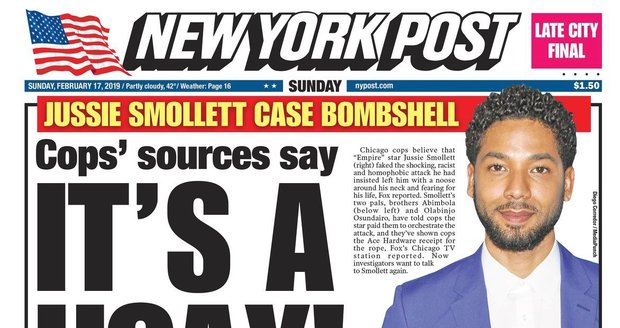 Titulní strana deníku New York Post, která oznamuje, že napadení herce Smolletta bylo zosnované