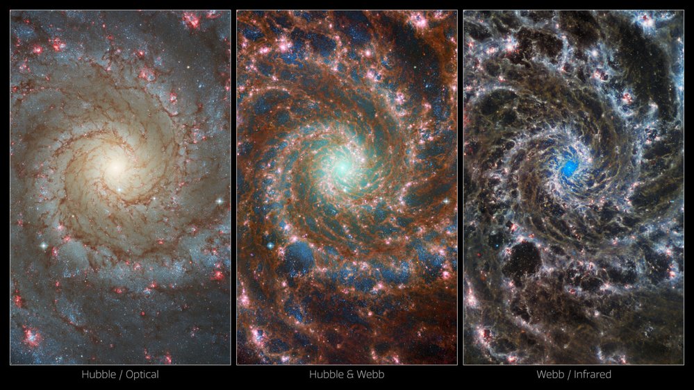 Fantomová galaxie M74 v souhvězdí Ryb na snímku z Hubbleova dalekohledu (vlevo), Webbova dalekohledu (vpravo) a na složeném snímku z obou dalekohledů (uprostřed). 
