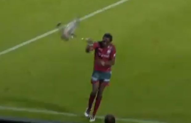 Fotbalista Mahamadou Habib Habibou zahodil kachnu, která přerušila zápas. Fotbalista Mahamadou Habib Habibou zahodil kachnu, která přerušila zápas.