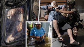 Lidé při evakuaci ze zaplavených oblastí v Chersonské oblasti zažívají strasti.