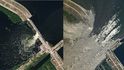 Satelitní snímky ukazují Kachovskou přehradu před protržením a po něm