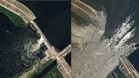 Satelitní snímky ukazují Kachovskou přehradu před protržením a po něm.